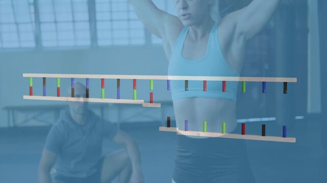 Fitness lifter lifting overhead barbell 3D pegs forming coil over torso showing form coach spotting
