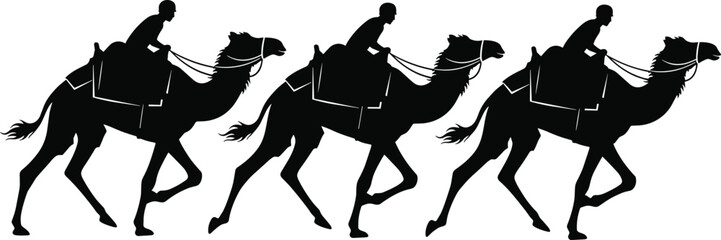 Three Black Silhouettes of Camel Riders on a Journey, Running Across a Desert Landscape, Illustrating Caravan Transportation, Travel, and Traditional Middle Eastern Culture
