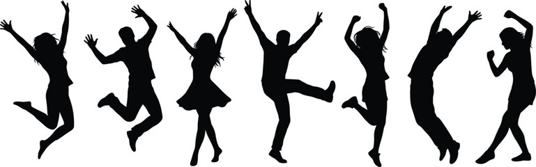 Silhouettes of joyful people jumping in excitement, energetic celebration poses, happy crowd movement illustration for lifestyle, fitness, dance projects