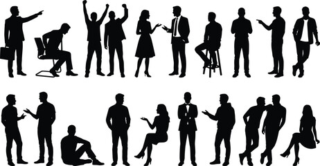 Silhouettes of people interacting in various poses, business and casual communication scenes, standing sitting gestures collection for design projects