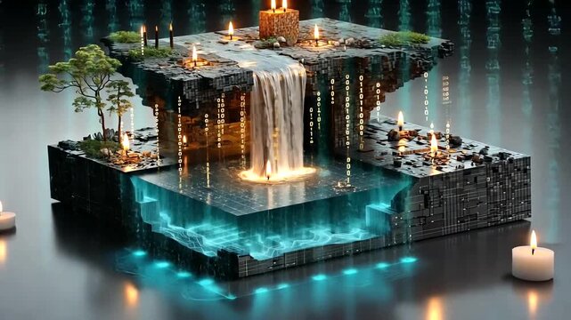 Digital waterfall flows through a tech-infused landscape with candles and trees