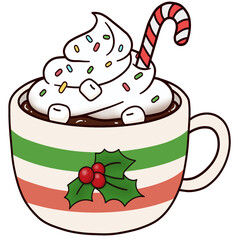 Festive cartoon hot chocolate mug topped with whipped cream, sprinkles, marshmallows, and a candy cane. Decorated with holly and berries. Ideal for winter holiday designs.