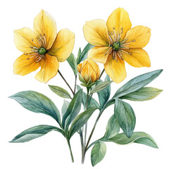 watercolor hand-drawn of Rue Flower, isolated on a white background.