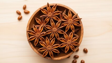 A top-down view of star anise pods collected in a small wooden bowl on a light wood surface