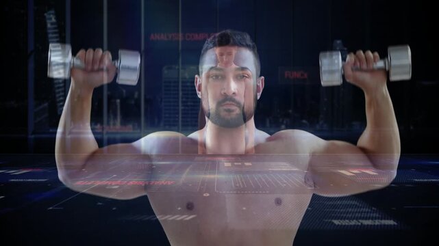 Shirtless man gripping dumbbells and pressing in fitness set, HUD showing data, ghost woman overlay