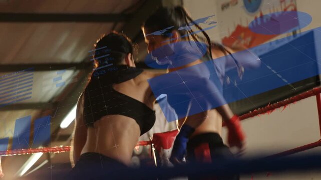 2 women boxers trading jabs boxer landing shots driving into ropes seeking edge under blue overlay