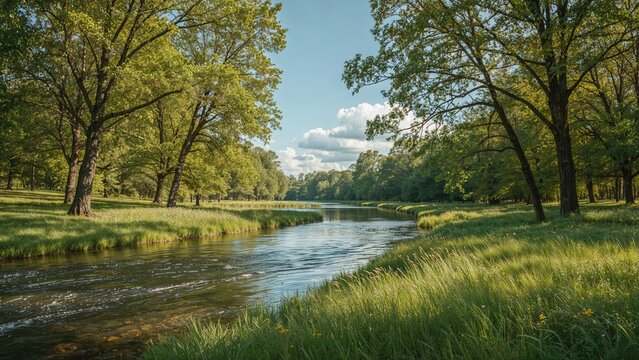 A serene riverscape with lush green trees and a calm waterway in a natural park setting.