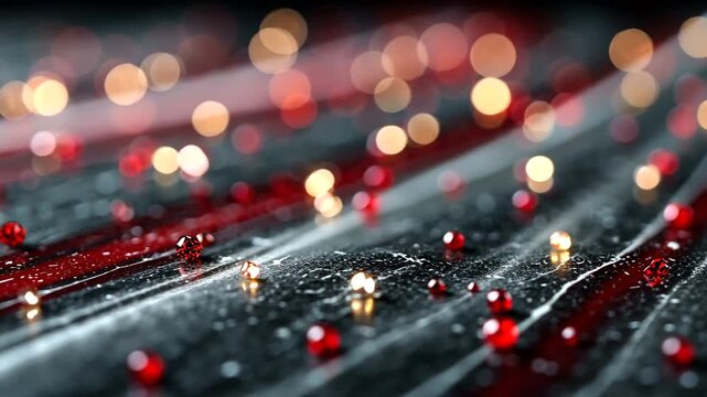 Sparkling red gems on a wet, dark, textured surface with soft bokeh lights