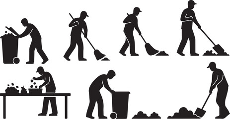 Set of garbage workers silhouettes, people throwing trash in bins, man carrying trash bags, pushing bin, person throwing waste into container, sanitation worker activity vector