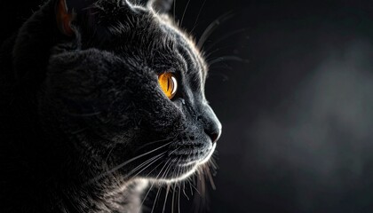 Close-Up Portrait of Grey Cat with Striking Amber Eyes