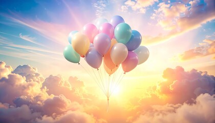 Pastel Balloons Floating in Dreamy Sunrise Sky