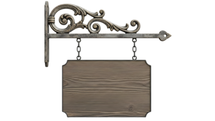 Vintage wrought iron sign bracket with blank wooden plaque isolated on transparent background