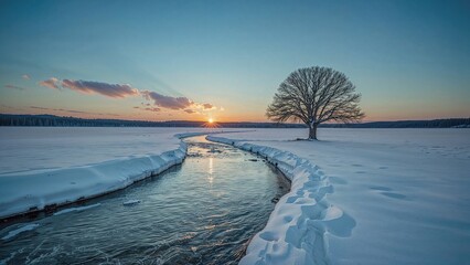 Winter landscape with a snow-covered field, a river, and a solitary tree at sunset. Cold and serene environment. Nature and seasonal scenery.