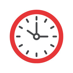 Modern wall clock icon, minimalist design for time management, punctuality concept, sleek round clock illustration in vibrant red and white colors