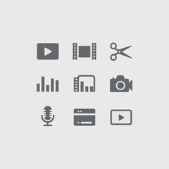 video editing icon editor content creator gray symbol bundle on white background.