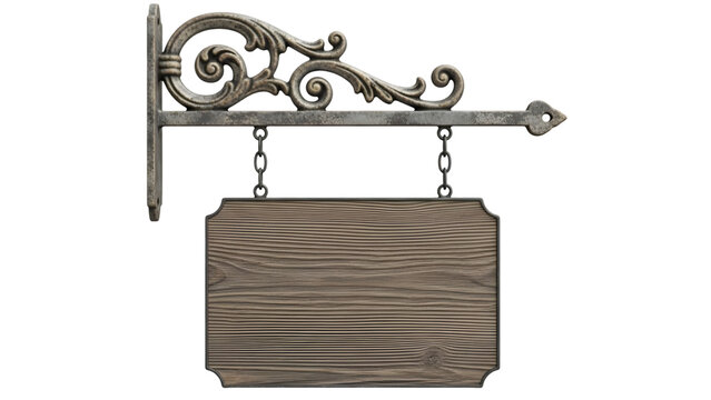 Vintage wrought iron sign bracket with blank wooden plaque isolated on transparent background