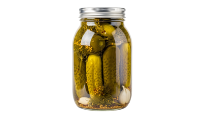 Pickled cucumbers in a glass jar isolated on transparent background
