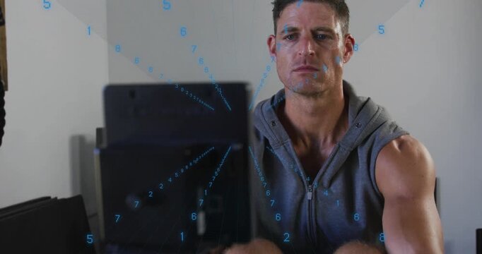 Man performing steady rowing strokes in home fitness room, following display's blue numeric overlay