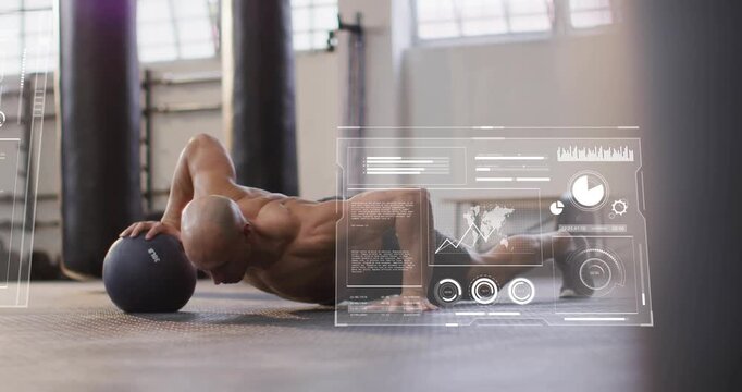 Man doing medball push-ups in gym, reaching ball to regain balance while HUD charts sweeping