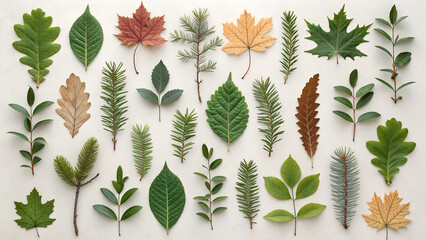 Varied leaves, needles, and evergreen branches arranged as a botanical grid on a neutral background