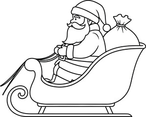 Santa claus riding in a sleigh vector illustration in simple black and white line art style showing christmas delivery and holiday scene outline.