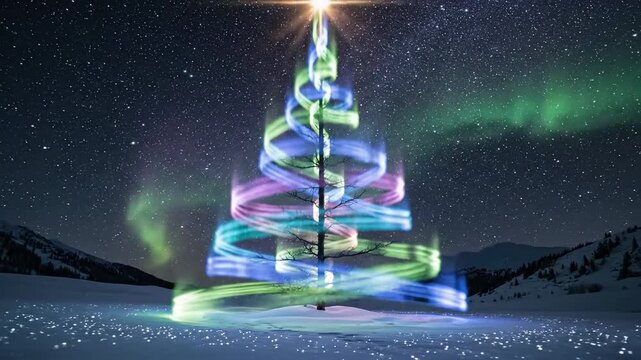 Abstract light painting of festive tree shape against starry night sky