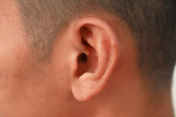 Obraz premium Close Up Macro Shot Of Human Ear And Side Head With Short Hair On White Background