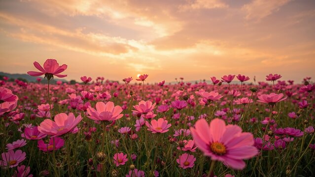 Sunset over a field of pink flowers at dusk.