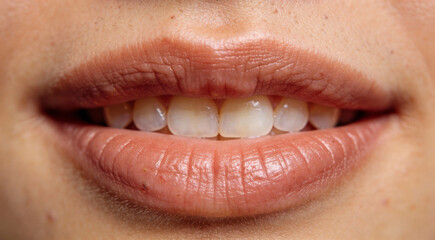 Extreme close-up of a delicate smile with soft lip curves and subtle natural texture. Minimal composition with clean studio lighting, detailed and realistic macro aesthetic