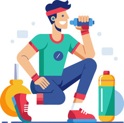Flat design vector of a person relaxing and drinking water after a hard workout session, recovery concept, white background.