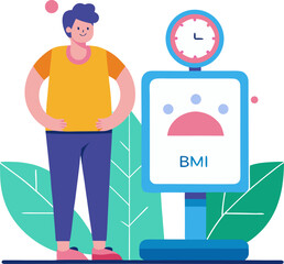 Flat design vector of a person standing on a weighing scale, showing body mass index (BMI) data on a screen, white background.