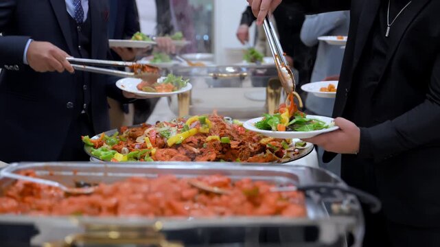 POV of variety of colorful spiced dished mixed with sliced peppers and onions at buffet event. The dish is vibrant, steaming in a festive setting, with hands using tongs