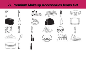 Collection of 27 premium outline and silhouette makeup accessories icons set for beauty and cosmetic design projects