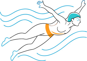 Line art vector of a person swimming laps in a pool, depicting full-body exercise, fluid lines, white background.