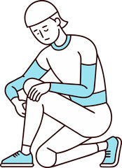 Minimalist line art vector of a person icing a knee injury, showing recovery and self-care, white background.