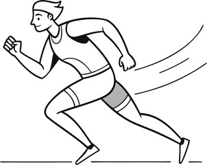 Minimalist line art vector of a runner crossing a finish line with a determined expression, dynamic movement, white background.