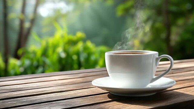 White ceramic cup with steam on wooden surface, calm simplicity, soft focus, with copy space.
