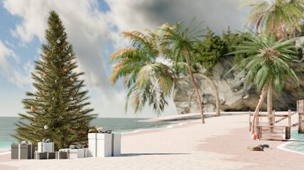 Tropical Christmas Tree with Gifts on Sandy Beach, Holiday Copy Space