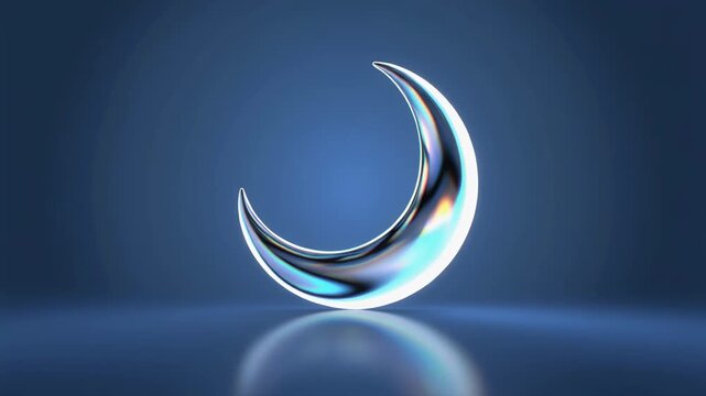 Shining Holographic Crescent Moon Symbol Rises on a Dark Blue Background Illuminating with Iridescent Glow Representing Spirituality and Celebration