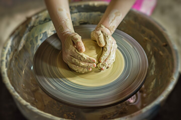 The hands of a little girl on a potter's wheel. The child is learning to make clay pots.
