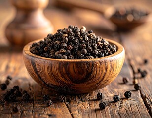 Black peppercorns in wooden bowl. An image of a rustic wooden bowl overflowing with aromatic black peppercorns, perfectly capturing the essence of culinary delight.