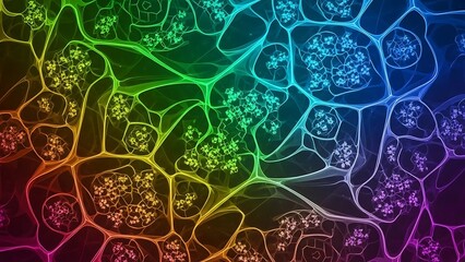 Vibrant rainbow fractal network background featuring intricate cellular structures and glowing abstract organic patterns across a dark canvas