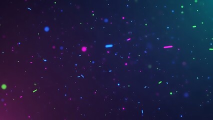 Vibrant neon confetti particles float across a dark blue and purple gradient background creating an abstract celebration effect