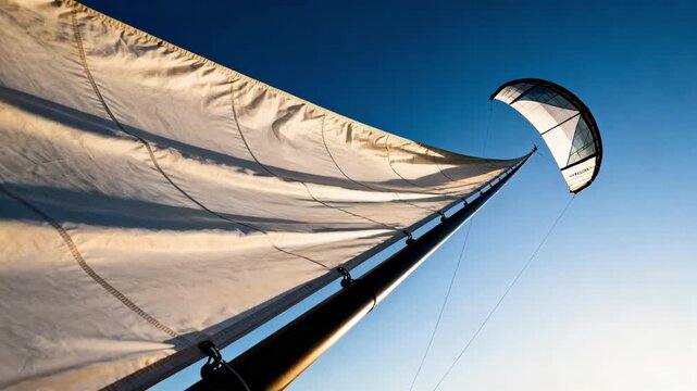 Medium shot of a large kite soaring at great height harnessing powerful wind energy with a tether system against a clear sky backdrop.