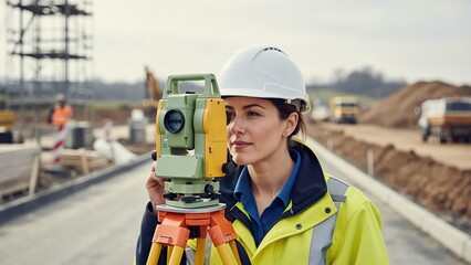 Female surveyor using theodolite at construction site. Professional civil engineer in hard hat working with surveying equipment on road development project