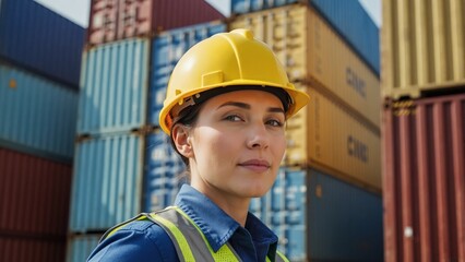 Confident female worker in yellow hard hat at shipping port. Professional logistics manager standing in front of stacked cargo containers in industrial yard