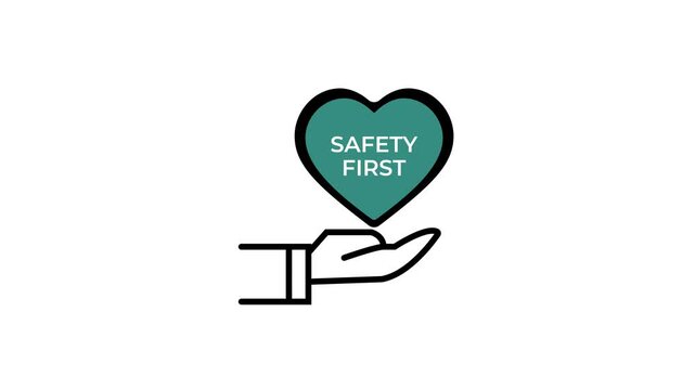 Safety first symbols, work safety, caution work hazards, danger surveillance, zero accident concept animation on transparent background, green color