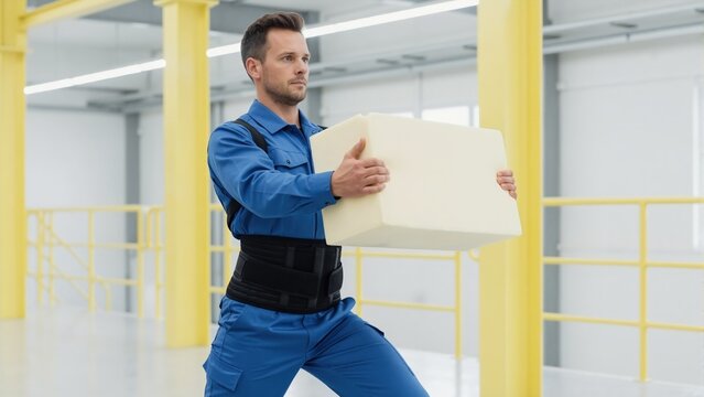 Male worker in blue uniform demonstrating correct lifting posture with back support brace. Workplace safety and ergonomics in warehouse for injury prevention.