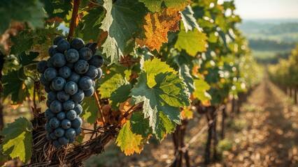 Fototapeta premium Vineyard with bunches of grapes and green leaves, scenic outdoor landscape. Agriculture and harvest, concept. Grape cultivation and farming. The concept of viticulture and harvest.