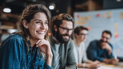 Obraz premium Collaborative Business Meeting: A team of professionals is immersed in an animated business meeting, where ideas and solutions are freely exchanged, showcasing a dynamic work environment.